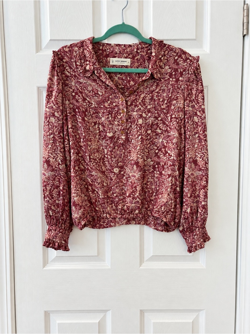 Lucky Brand Burgundy Floral Button-Front Henley Blouse
